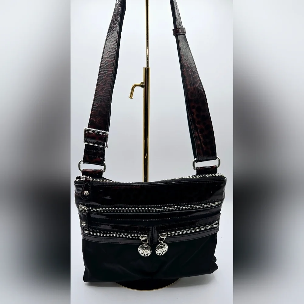 BRIGHTON Nylon Crossbody Black Bag Tortoise Shell Print Strap